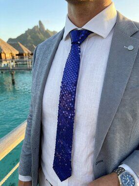 NEW Men Women Blue Sequin Necktie Slim Pre-Tied Fashion Accessory Parties Suit